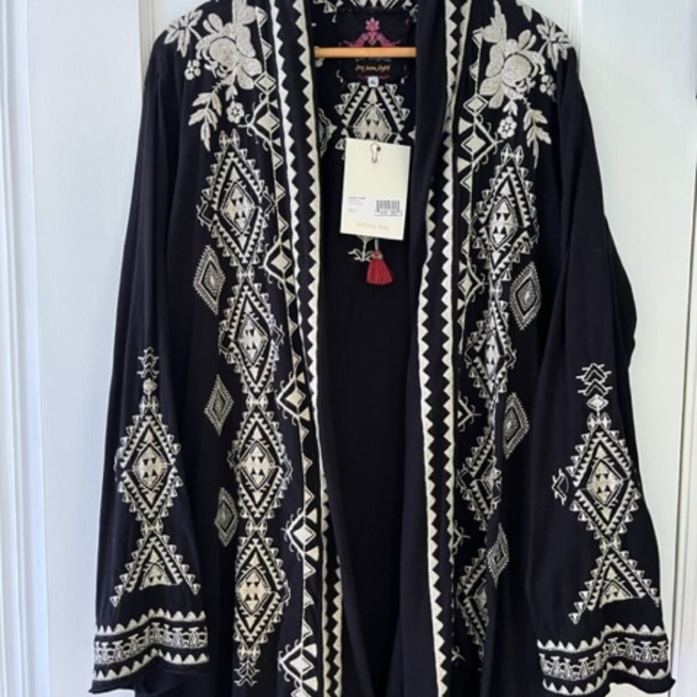 Johnny Was JWLA Black Cotton Tulia Duster with White Geometric Embroidery (XL)